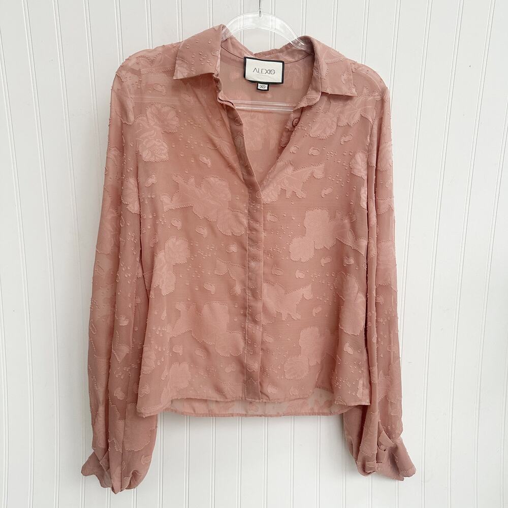 Alexis Pink Floral Jacquard Blouse Sheer Button Front V-Neck Top Shirt Size XS
